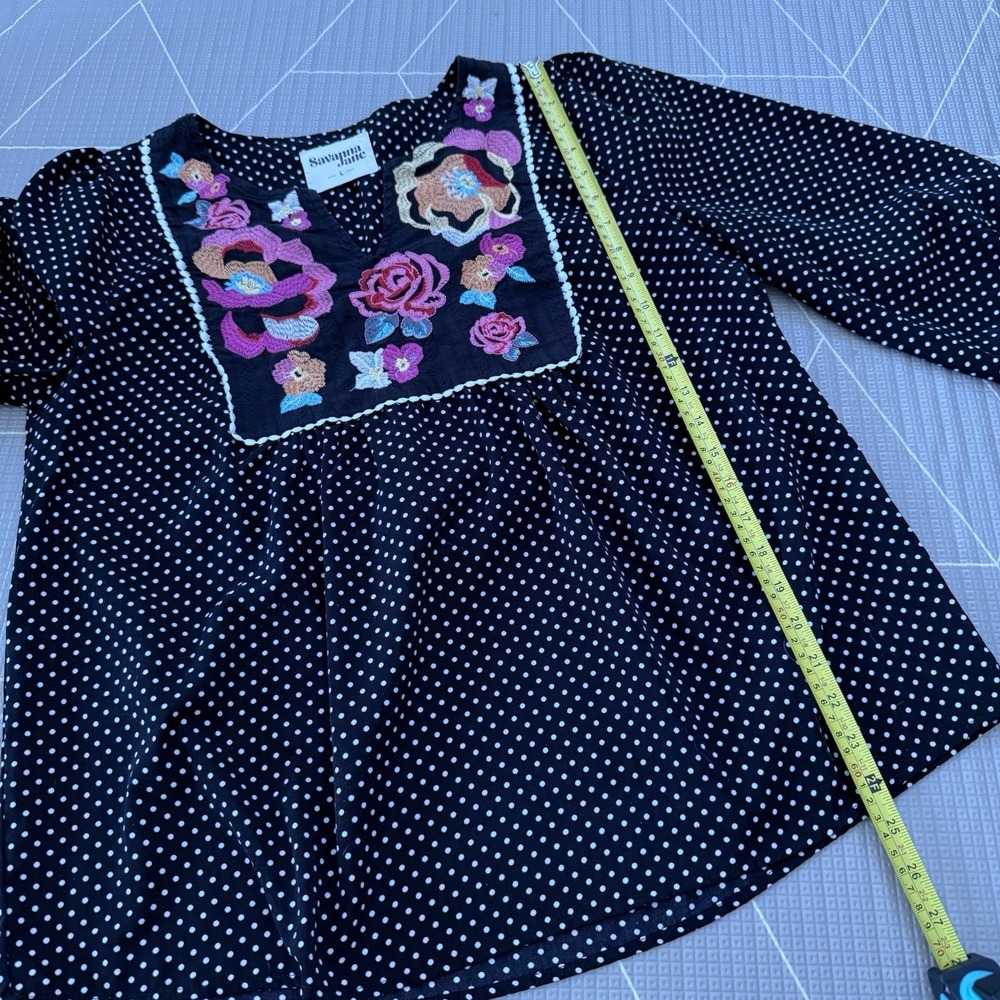 Savanna Jane Black White Polka Dot Embroidered Floral Bohemian Casual Tops L‎ - Picture 8 of 8